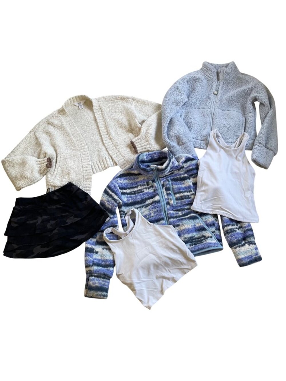 Athleta Girl Mixed Apparel Bundle S/M Sweaters Crop Tops Camo Skirt & Pants